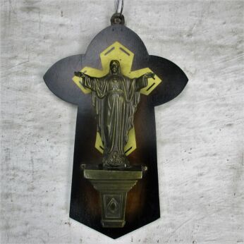 Art Deco Wall Crucifix Cross Jesus Christ Open Arms Spelter Statue Holy Heart