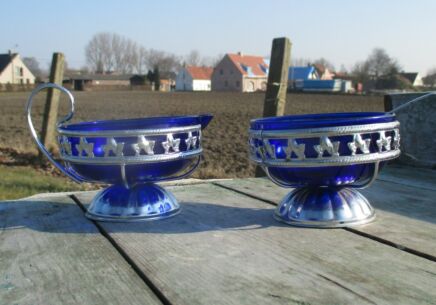 Retro cobalt Blue Glass Silver Metal Sugar Bowl and Milk jar Creamer vintage