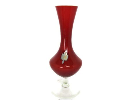 Red Cased Opaline Art Glass Footed Vase Bottle Italian Murano