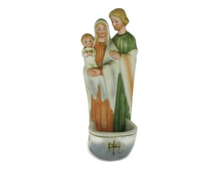 Standing Vintage Holy Water Font Porcelain Holy Family Polychrome Saint Joseph Infant Jesus Blessed Virgin Mary