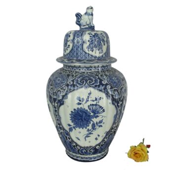 Large Royal Sphinx Maastricht Delft Vase Urn Marked Blue White Foo Dog 17.71"