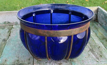 Caged Wrought Iron Cobalt Blue Glass Pot Vase Planter Bowl
