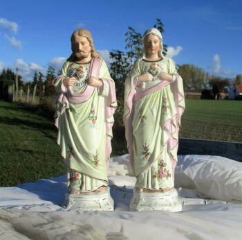 Couple Antique French Porcelain Bisque Virgin Mary Jesus Sacred heart Statuette