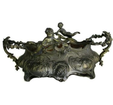 Art Nouveau Putti French Planter Jardinière Ornate Embossed Centerpiece Spelter