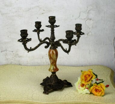 Vintage Gorgeous Brass Marble Ornate Candle Holder Candelabra 5 arm Romantic