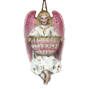 Vintage French Holy Water Font Vessel Bisque Porcelain Pink Angel Collector