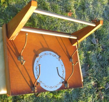 Vintage Wooden French Mid Century Wall Shelf Coat Hat Rack glass Mirror