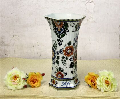 Delft Holland Polychrome Porcelain Trumpet Vase Floral design Marked 9.84"