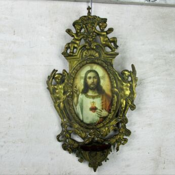 Large Brass Embossed Holy Water Font Angels Picture Frame Christ Wall Hanging