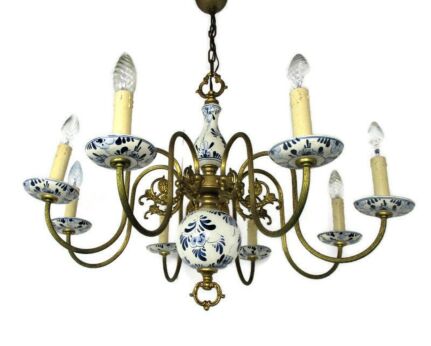 L Delft Blue White Porcelain Brass Chandelier Dutch 8 Arms 8 Lights Beautiful