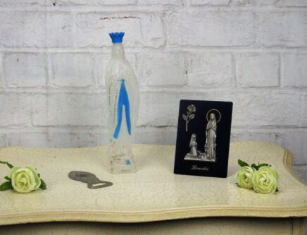 French Set Lourdes Virgin Mary Plastic Bottle Holy water Plaque Opener 3 pieces