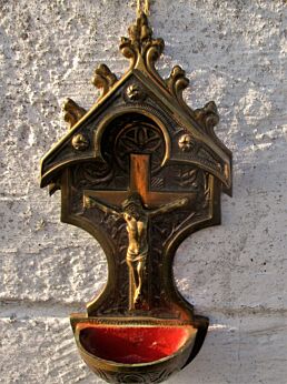 Antique Ornate French Holy Water Font Wall Hanging Brass Jesus Christ Crucifix