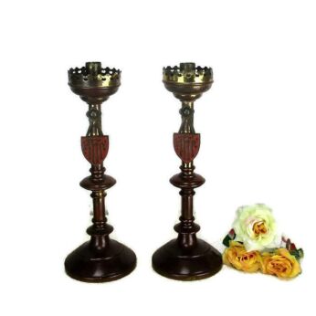 Pair Brass Candle Holders Candlesticks Altar Church Shields Brass Neo Gothic