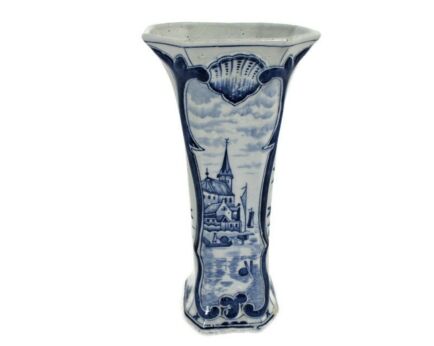 Delft Holland Blue White Porcelain Trumpet Vase de Delft Marked Seaside boats Church mid century