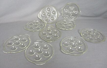 set of 9 French Escargots Snail Plates Dishes Stuffed Mushrooms Pyrex Glass Sedlex