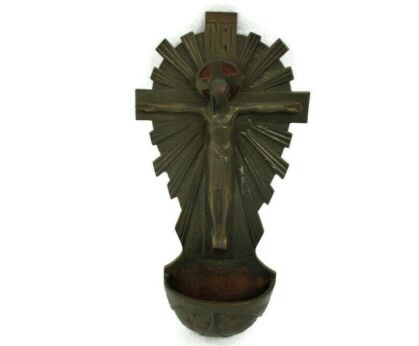 Holy Water Font Jesus Christ Crucifix Modernist Hanging vessel Antique Gorgeous Brass Enamel