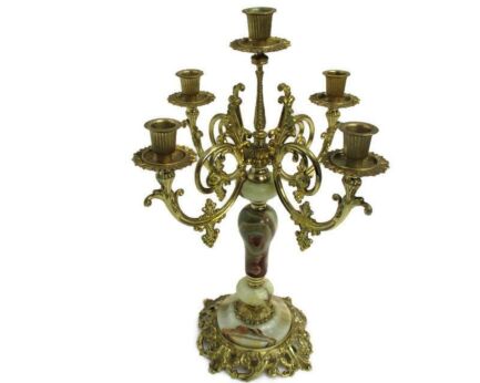 Vintage Gorgeous Brass Marble Onyx Ornate Candle Holder Candelabra 5 arm Hollywood regency Stylish
