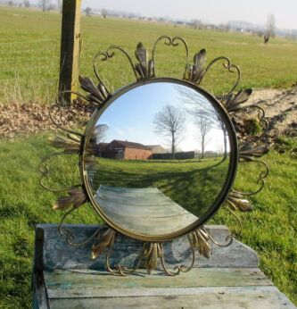 Lovely Starburst Sunburst Iron Wall Convex Mirror Mid Century Mirror Gold