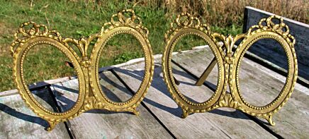 Couple Pair antique Standing Double picture frame gold brass oval Ornate Ormolu