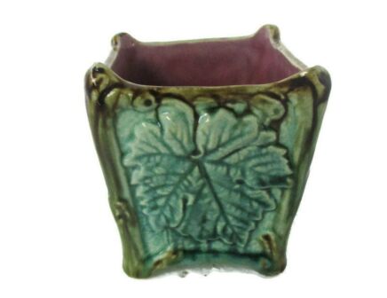 Small Antique French Barbotine Majolica Basket Centerpiece Planter green Pink Leaf Sweet