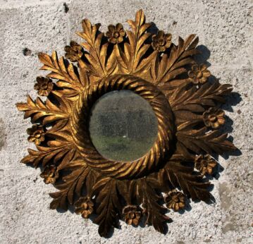 Stunning Sunburst Wall Hanging Mirror Mid Century Modernist Wood Flowers Rare