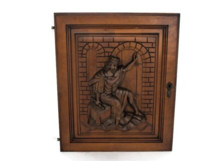 Antique hand Carved Wood Door Panel Reclaimed Architectural Middle ages Scene the king