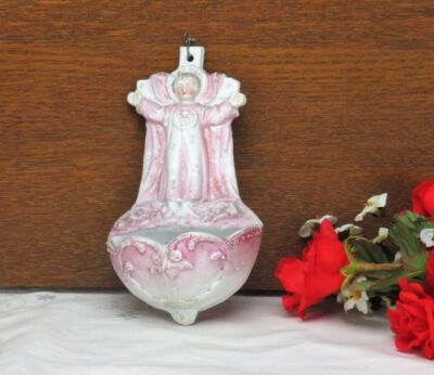 Antique Holy Water Font Porcelain Wall Hanging Vessel Pink Infant Jesus Lovely