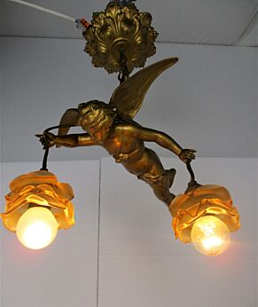 French Empire Chandelier Putti Cherubs Angels 2 arm Lights Amber Shades Lovely
