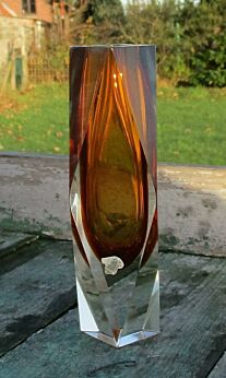 Vintage Mandruzzato Murano Art Glass Vase Amber Beautiful faceted prism form