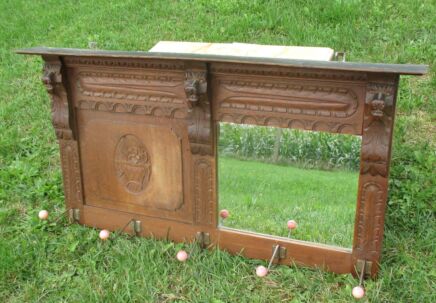 Large Antique Hand Carved Wood Gothic Coat Hat Rack Lion Heads Mirror