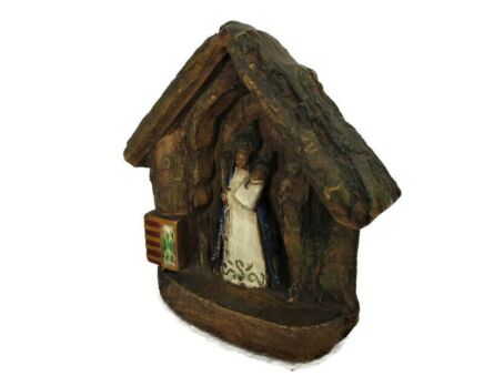 Vintage Chapel Niche Ceracast Belgium Madonna Virgin Mary Infant Jesus Magnificat Polychrome Stoneware Wall Hanging