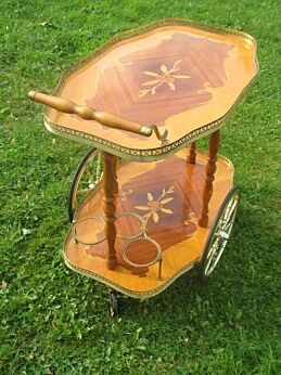 Vintage Bar Cart Mid Century Italian Hollywood Regency Gold Chrome Wood Inlay Marquetry