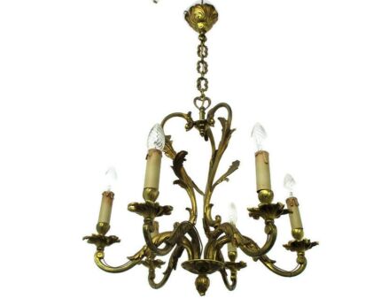 large Bronze Ornate Chandelier Hollywood regency 6 Lights Arms Leafs Gorgeous