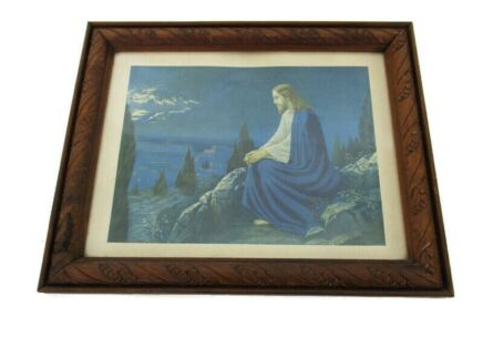 Small Wooden Framed Iconic Print Jesus Christ in the Garden of Gethsemane Mount Olive Art Deco