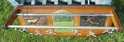 Vintage Wooden Wall Rack Shelf Coat 6 Hooks Mirror Mid Century Deer Brass