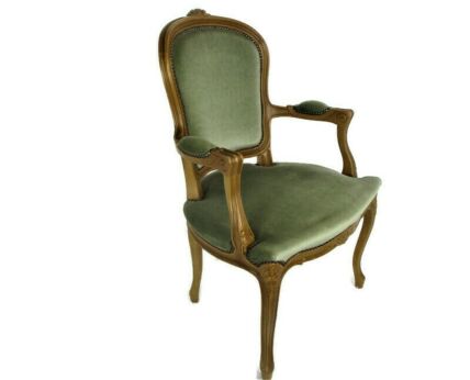 Vintage Arm Lounge Chair Fauteuil Louis XVI style Carved Wood Hobnails Stunning green Velvet