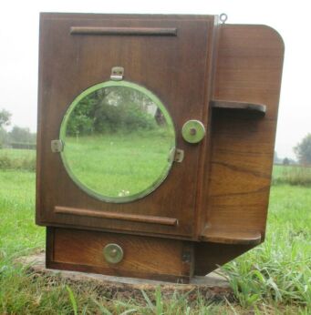 Antique French Oak Art Deco Medicine Display Wall Cabinet Beveled Glass Round Mirror wooden