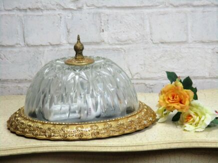 Vintage French Ceiling Lamp Fixture Plafonniere Brass Bubbled Glass 11.81" diam