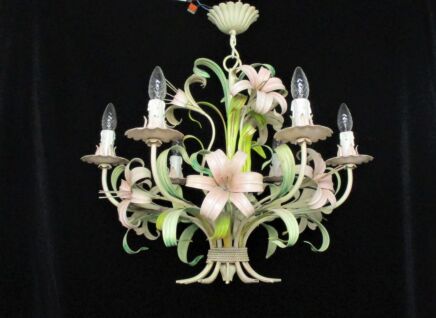 Vintage Chandelier Porcelain Flowers 6 Lights Toleware French Bouquet Gorgeous