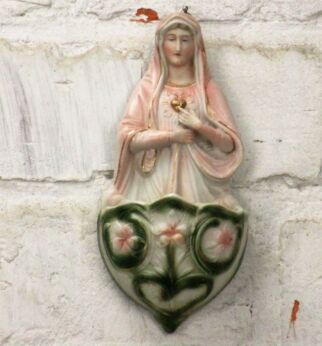 Porcelain Holy Water Font Virgin Mary Holy Heart Germany Lovely Wall Hanging