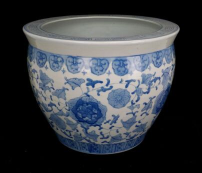 Large Chinese Porcelain Fish Koi Bowl Cachepot Planter Blue White Flowers Lovely