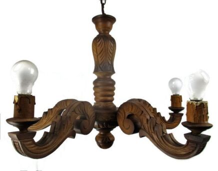 Hand Carved Wooden Chandelier Ornate 5 arm Lights Mid Century Modern