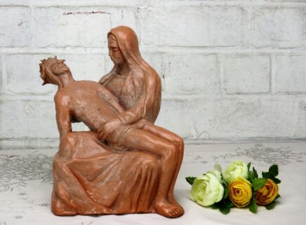 Ceramic Pieta Brown Statuette Jesus Christ Virgin Mary Holy Mother 1950s Signed