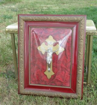 Beautiful Vintage Crucifix Frame Red Velvet Dome Glass Carved Wood Frame