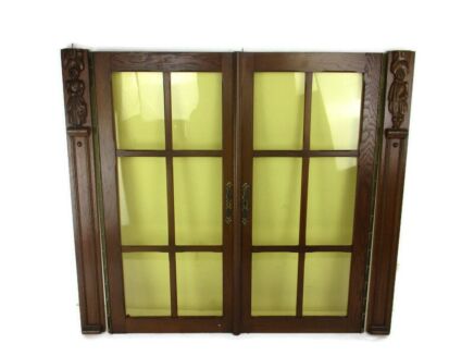 pair Vintage Carved Wood Door Panels Reclaimed Architectural Colored glass Side Pieces Wooden Figurines Recessed