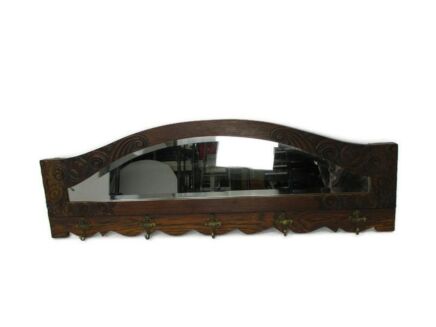 Antique Gorgeous Large Beveled Glass Mirror Hand Carved Wood Coat Rack WOW