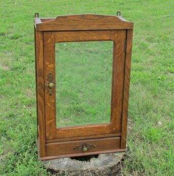 Large Vintage Wooden Medicine Bathroom Cabinet Beveled Glass Mirror Drawer