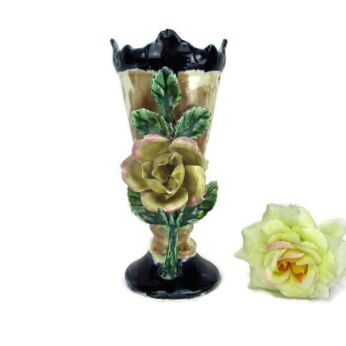 Small Lovely vintage Barbotine Majolica Vase Applied Rose Flower Yellow Blue