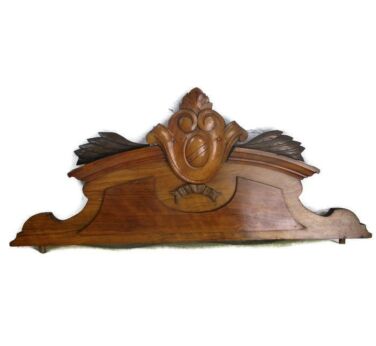 French Vintage Hand Carved Wood Pediment Over door Architectural Ornate Shield