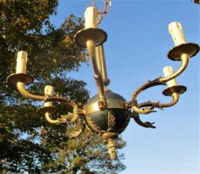 Vintage French Empire Style Chandelier 6 Arm Fish Green Toleware Brass Lovely